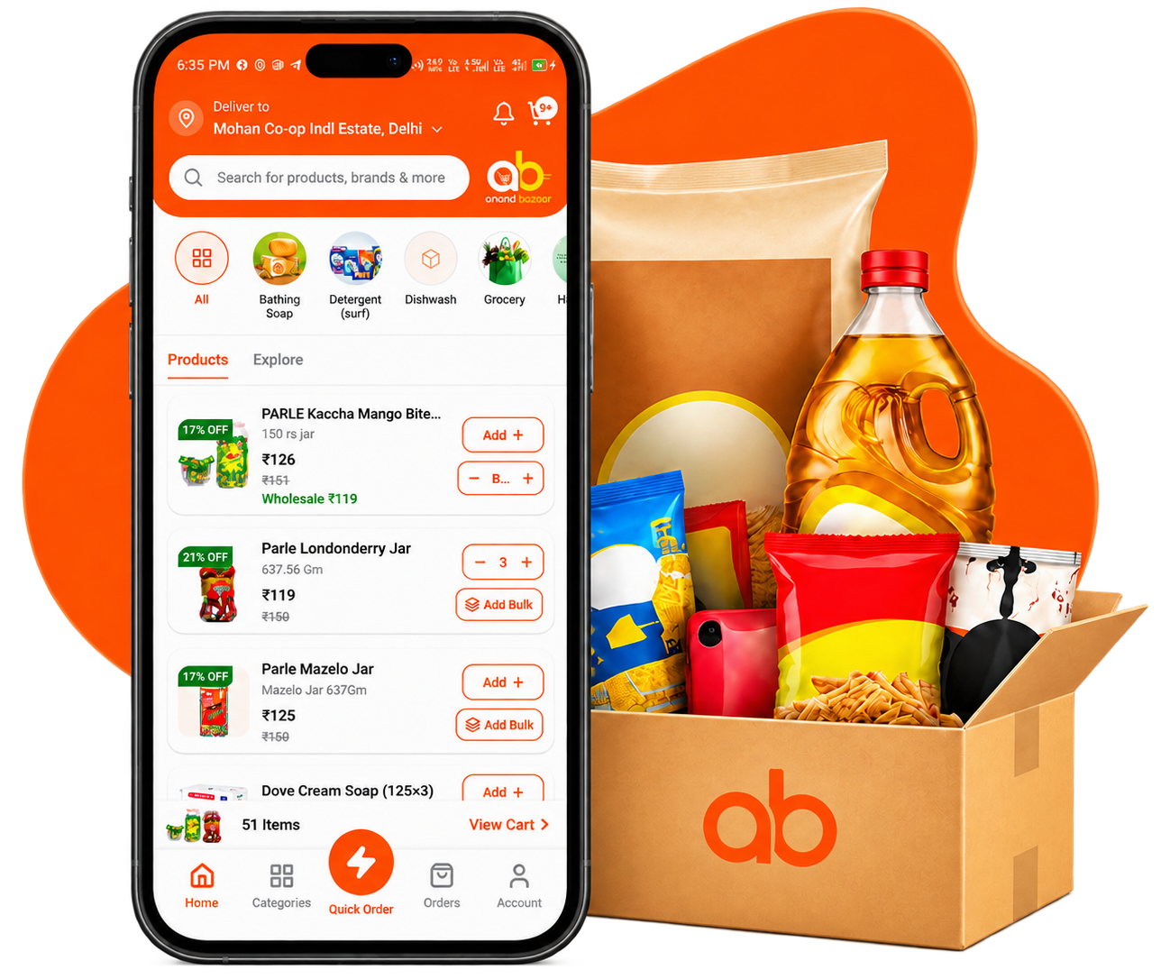 Anand Bazaar app on phone with grocery box